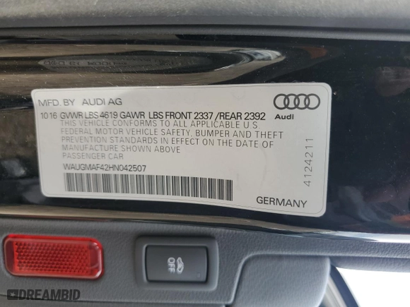 2017 Audi A4 ultra Premium with VIN WAUGMAF42HN042507, listed as a Copart auction lot 47207185 with 91,059 mi miles and Clean Title. Bid and sale history available at carsss.com. Image 12.