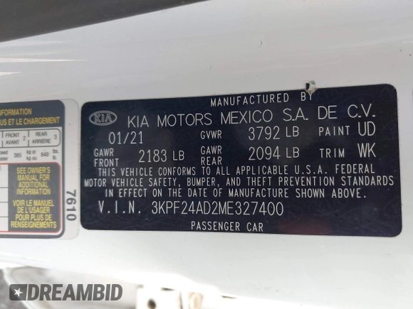 2021 Kia Forte LXS z VIN 3KPF24AD2ME327400, wystawiony jako IAAI lot #41897888 z przebiegiem 103 248 mil mil oraz . Historia ofert i sprzedaży dostępna na DreamBid. Obrazek 9.