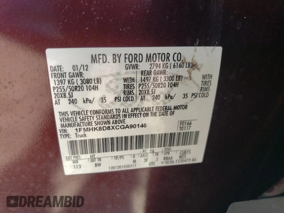 2012 Ford Explorer XLT with VIN 1FMHK8D8XCGA90146, listed as a Copart auction lot 53657525 with 190,192 mi miles and Salvage Title. Bid and sale history available at DreamBid. Image 13.