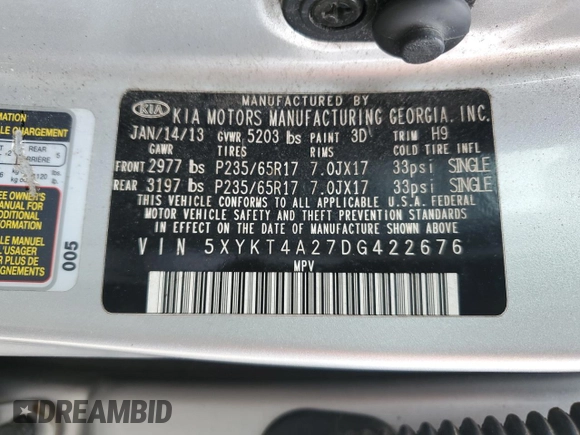 2013 Kia Sorento LX with VIN 5XYKT4A27DG422676, listed as a Copart auction lot 46057525 with 93,486 mi miles and Non Repairable. Bid and sale history available at carsss.com. Image 14.