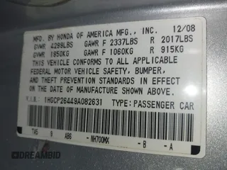 2009 Honda Accord LX-P with VIN 1HGCP26449A082631, listed as a IAAI auction lot 41938447 with 197,184 mi miles and . Bid and sale history available at DreamBid. Image 9.