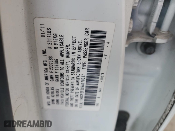 2011 Honda Accord LX z VIN 1HGCP2F39BA078037, wystawiony jako Copart lot #57603685 z przebiegiem 108 970 mil mil oraz Szkoda całkowita • Salvage title. Historia ofert i sprzedaży dostępna na DreamBid. Obrazek 13.