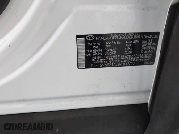 2022 Hyundai Santa Fe SEL z VIN 5NMS24AJ2NH447700, wystawiony jako IAAI lot #42476914 z przebiegiem 59 578 mil mil oraz . Historia ofert i sprzedaży dostępna na DreamBid. Obrazek 9.