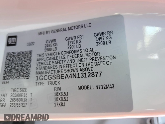 2022 Chevrolet Colorado 2WD Work Truck with VIN 1GCGSBEA4N1312877, listed as a Copart auction lot 87081854 with Not provided miles and Salvage title. Bid and sale history available at DreamBid. Image 13.