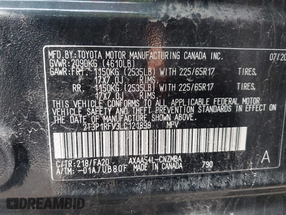 2020 Toyota RAV4 XLE with VIN 2T3P1RFV3LC121898, listed as a IAAI auction lot 42124803 with 23,374 mi miles. Bid and sale history available at carsss.com. Image 9.
