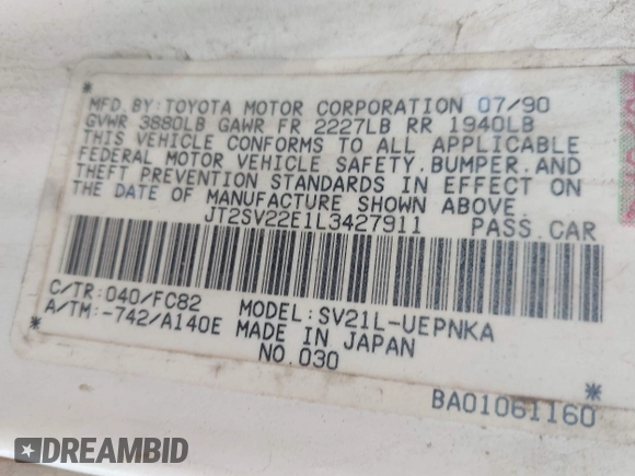 1990 Toyota Camry LE ECT z VIN JT2SV22E1L3427911, wystawiony jako IAAI lot #42040646 z przebiegiem 133 129 mil mil oraz . Historia ofert i sprzedaży dostępna na DreamBid. Obrazek 9.
