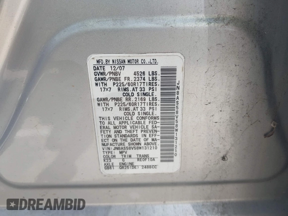 2008 Nissan Rogue S with VIN JN8AS58V58W131210, listed as a IAAI auction lot 41928097 with 225,627 mi miles and . Bid and sale history available at DreamBid. Image 9.