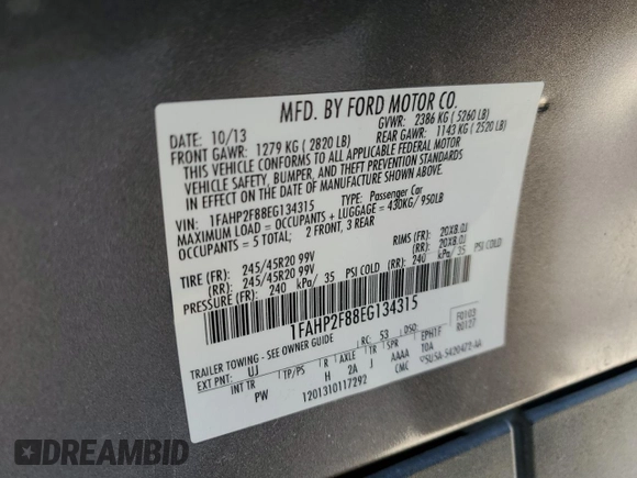 2014 Ford Taurus Limited z VIN 1FAHP2F88EG134315, wystawiony jako Copart lot #48550195 z przebiegiem 136 275 mil mil oraz Szkoda całkowita • Salvage title. Historia ofert i sprzedaży dostępna na DreamBid. Obrazek 14.