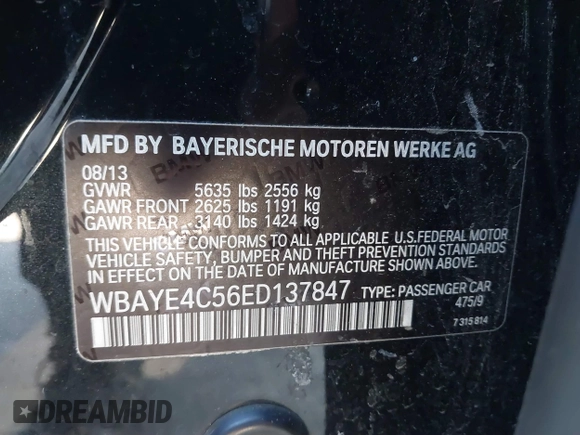 2014 BMW 7 Series 740Li with VIN WBAYE4C56ED137847, listed as a IAAI auction lot 39452255 with 184,471 mi miles. Bid and sale history available at carsss.com. Image 9.