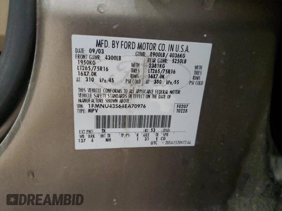 2004 Ford Excursion Limited с VIN 1FMNU43S64EA70976, выставлен на аукционе Copart как лот 72036304 с пробегом 321 026 миль миль и Списание • Salvage title. История ставок и продаж доступна на DreamBid. Изображение 13.