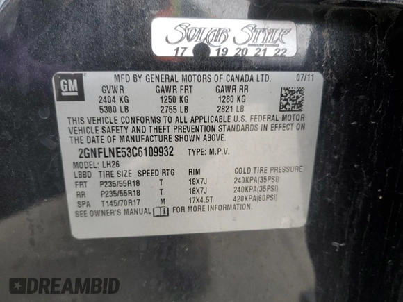 2012 Chevrolet Equinox LT w/2LT with VIN 2GNFLNE53C6109932, listed as a Copart auction lot 44002325 with 142,569 mi miles and Salvage Title. Bid and sale history available at carsss.com. Image 13.