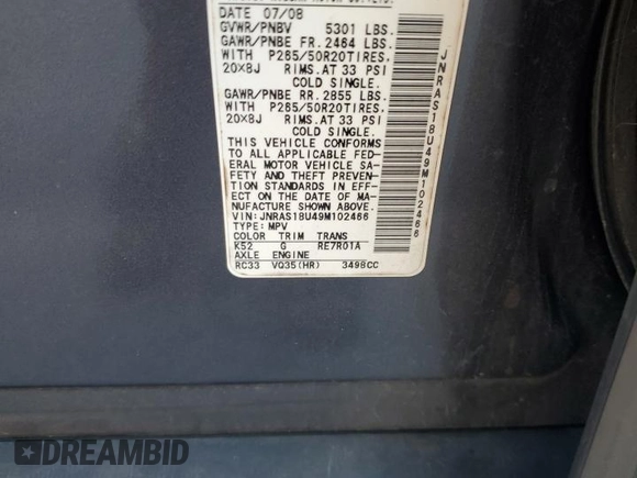 2009 Infiniti FX z VIN JNRAS18U49M102466, wystawiony jako Copart lot #46821815 z przebiegiem 308 331 mil mil oraz Szkoda całkowita • Salvage title. Historia ofert i sprzedaży dostępna na DreamBid. Obrazek 13.