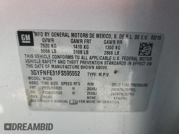 2015 Cadillac SRX Performance Collection with VIN 3GYFNFE31FS595552, listed as a Copart auction lot 55849145 with 149,601 mi miles and Salvage title. Bid and sale history available at DreamBid. Image 13.