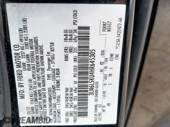 2017 Lincoln MKZ Hybrid Premiere with VIN 3LN6L5KU4HR645305, listed as a Copart auction lot 60710025 with 162,634 mi miles and Salvage title. Bid and sale history available at DreamBid. Image 13.
