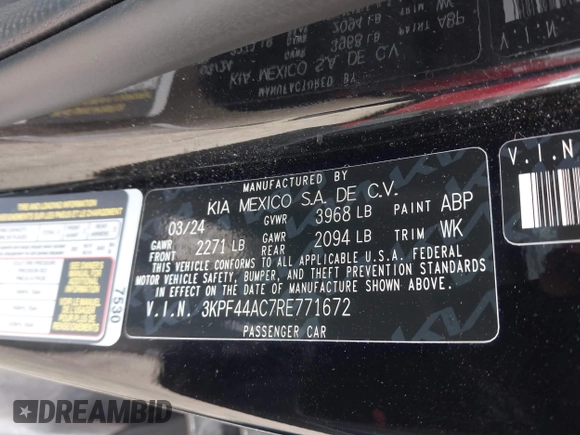 2024 Kia Forte GT with VIN 3KPF44AC7RE771672, listed as a IAAI auction lot 41681846 with 8,270 mi miles and . Bid and sale history available at DreamBid. Image 9.