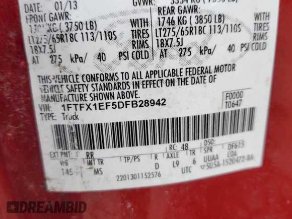 2013 Ford F-150 XL with VIN 1FTFX1EF5DFB28942, listed as a Copart auction lot 46464675 with 214,533 mi miles and Non Repairable. Bid and sale history available at carsss.com. Image 14.