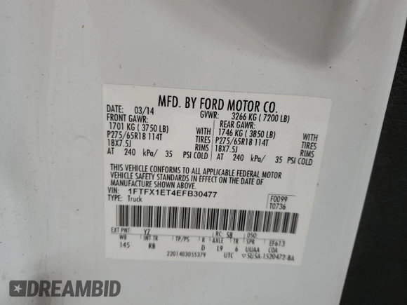 2014 Ford F-150 XL with VIN 1FTFX1ET4EFB30477, listed as a Copart auction lot 64844355 with Not provided miles and Clean title. Bid and sale history available at DreamBid. Image 12.