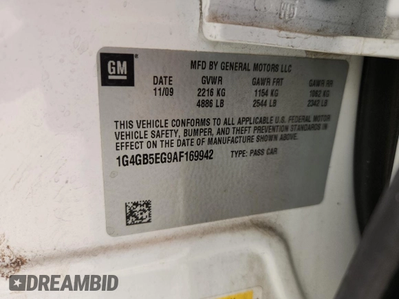 2010 Buick LaCrosse CX with VIN 1G4GB5EG9AF169942, listed as a Copart auction lot 61646885 with 85,323 mi miles and Salvage title. Bid and sale history available at DreamBid. Image 14.