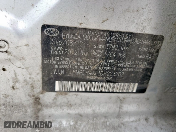 2013 Hyundai Elantra Limited z VIN 5NPDH4AE1DH223202, wystawiony jako Copart lot #58265295 z przebiegiem 103 466 mil mil oraz Szkoda całkowita • Salvage title. Historia ofert i sprzedaży dostępna na DreamBid. Obrazek 12.