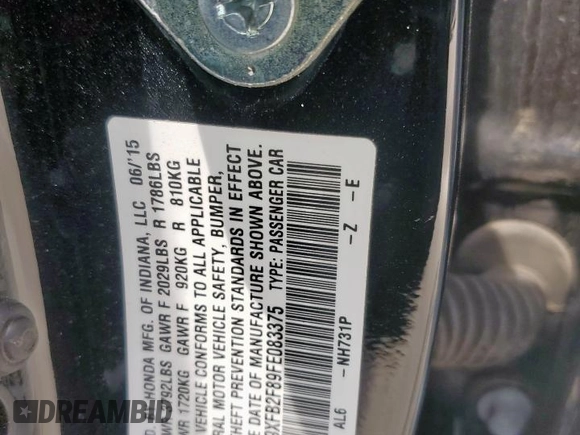 2015 Honda Civic EX z VIN 19XFB2F89FE083375, wystawiony jako Copart lot #59092125 z przebiegiem 95 764 mil mil oraz Szkoda całkowita • Salvage title. Historia ofert i sprzedaży dostępna na DreamBid. Obrazek 12.