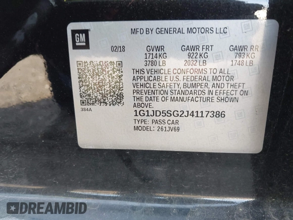 2018 Chevrolet Sonic LT z VIN 1G1JD5SG2J4117386, wystawiony jako IAAI lot #42162352 z przebiegiem 55 798 mil mil oraz . Historia ofert i sprzedaży dostępna na DreamBid. Obrazek 9.