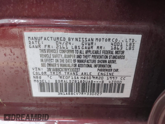 2024 Nissan Sentra SV with VIN 3N1AB8CV7RY330227, listed as a IAAI auction lot 41511992 with 7,852 mi miles and . Bid and sale history available at DreamBid. Image 9.