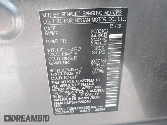 2017 Nissan Rogue S with VIN KNMAT2MT5HP539048, listed as a IAAI auction lot 41515410 with 238,386 mi miles and . Bid and sale history available at DreamBid. Image 9.