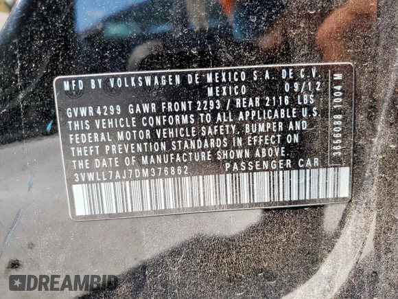 2013 Volkswagen Jetta TDI w/Premium with VIN 3VWLL7AJ7DM376862, listed as a Copart auction lot 59192445 with 163,224 mi miles and Salvage title. Bid and sale history available at DreamBid. Image 12.