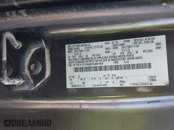2016 Ford F-150 XL с VIN 1FTEX1CP4GFA98165, выставлен на аукционе IAAI как лот 40540089 с пробегом Не указан миль и . История ставок и продаж доступна на DreamBid. Изображение 9.