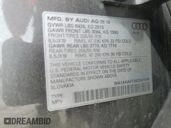 2019 Audi Q7 Premium z VIN WA1AHAF73KD047648, wystawiony jako Copart lot #69399754 z przebiegiem 95 702 mil mil oraz Nie do naprawy • Non repairable. Historia ofert i sprzedaży dostępna na DreamBid. Obrazek 13.