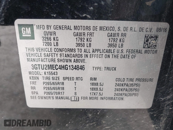 2017 GMC Sierra 1500 SLE with VIN 3GTU2MEC4HG134846, listed as a IAAI auction lot 41903596 with 225,326 mi miles and . Bid and sale history available at DreamBid. Image 9.