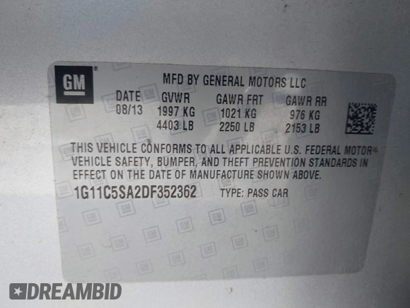 2013 Chevrolet Malibu LT with VIN 1G11C5SA2DF352362, listed as a IAAI auction lot 41955763 with 122,328 mi miles and . Bid and sale history available at DreamBid. Image 9.