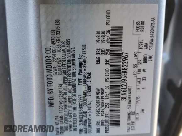 2014 Lincoln MKZ with VIN 3LN6L2J95ER822967, listed as a Copart auction lot 46287135 with 111,024 mi miles and Salvage Title. Bid and sale history available at carsss.com. Image 14.