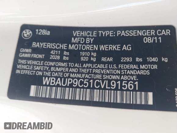2012 BMW 1 Series 128i z VIN WBAUP9C51CVL91561, wystawiony jako IAAI lot #42831576 z przebiegiem 111 789 mil mil oraz . Historia ofert i sprzedaży dostępna na DreamBid. Obrazek 9.