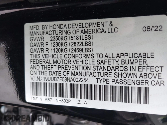 2022 Acura TLX Type S with VIN 19UUB7F08NA002254, listed as a IAAI auction lot 42610825 with Not provided miles and . Bid and sale history available at DreamBid. Image 9.
