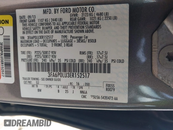 2014 Ford Fusion SE Hybrid with VIN 3FA6P0LU3ER152517, listed as a IAAI auction lot 42801042 with 209,898 mi miles and . Bid and sale history available at DreamBid. Image 9.