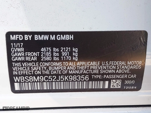 2018 BMW M3 with VIN WBS8M9C52J5K98356, listed as a IAAI auction lot 41593546 with 91,478 mi miles. Bid and sale history available at carsss.com. Image 9.
