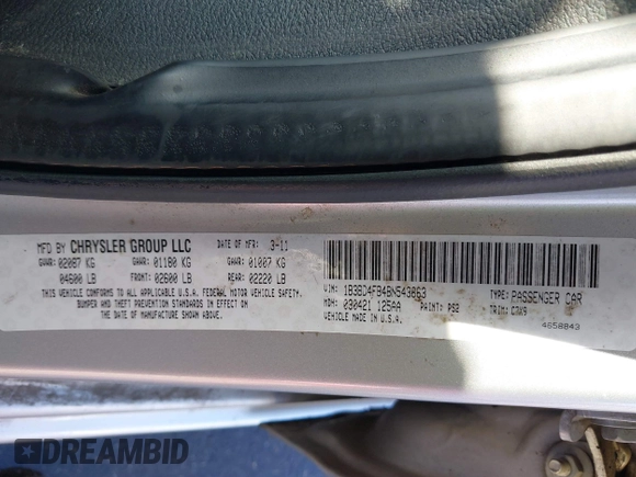 2011 Dodge Avenger Express with VIN 1B3BD4FB4BN543663, listed as a IAAI auction lot 41807649 with 123,818 mi miles and . Bid and sale history available at DreamBid. Image 9.