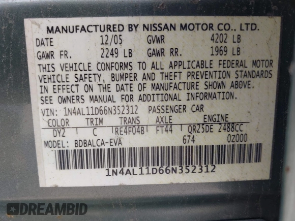 2006 Nissan Altima S z VIN 1N4AL11D66N352312, wystawiony jako IAAI lot #42365895 z przebiegiem Nie podano mil oraz . Historia ofert i sprzedaży dostępna na DreamBid. Obrazek 9.