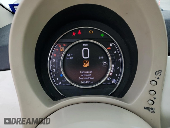 2015 FIAT 500 Lounge with VIN 3C3CFFCR2FT575516, listed as a Copart auction lot 86325714 with 149,465 mi miles and Salvage title. Bid and sale history available at DreamBid. Image 9.