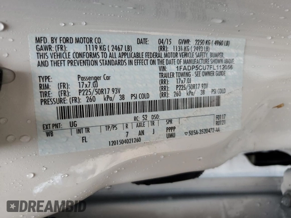 2015 Ford C-Max Energi SEL with VIN 1FADP5CU7FL112056, listed as a Copart auction lot 56296494 with 37,279 mi miles. Bid and sale history available at carsss.com. Image 13.