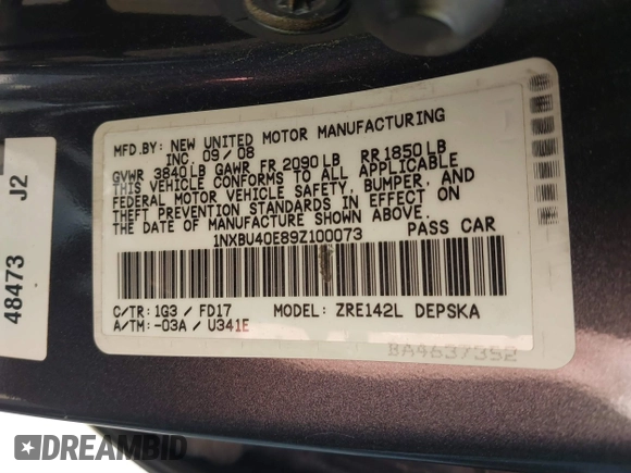 2009 Toyota Corolla with VIN 1NXBU40E89Z100073, listed as a IAAI auction lot 41783064 with 144,866 mi miles. Bid and sale history available at carsss.com. Image 9.