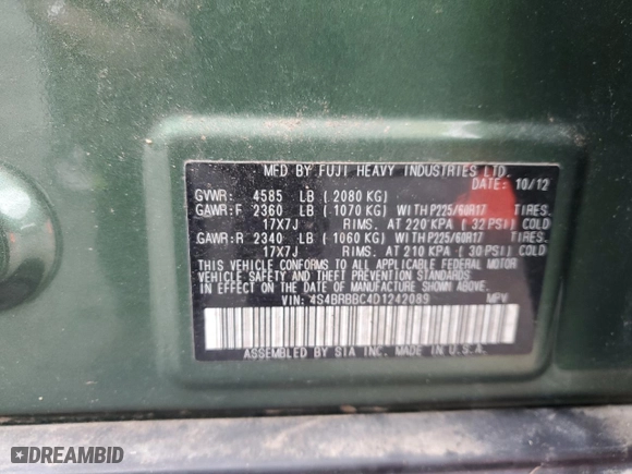 2013 Subaru Outback 2.5i Prem with VIN 4S4BRBBC4D1242089, listed as a Copart auction lot 50898995 with 118,327 mi miles and Salvage Title. Bid and sale history available at carsss.com. Image 14.