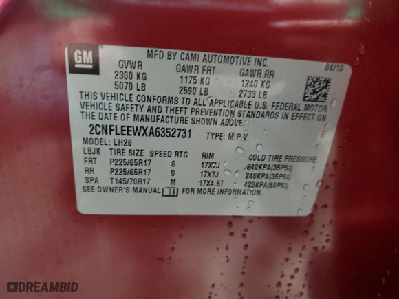 2010 Chevrolet Equinox LT w/1LT with VIN 2CNFLEEWXA6352731, listed as a Copart auction lot 49646925 with 130,588 mi miles and Salvage Title. Bid and sale history available at carsss.com. Image 12.