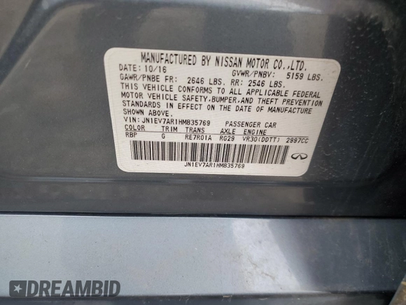2017 Infiniti Q50 Signature Edition with VIN JN1EV7AR1HM835769, listed as a Copart auction lot 55125745 with 97,290 mi miles and Salvage title. Bid and sale history available at DreamBid. Image 12.