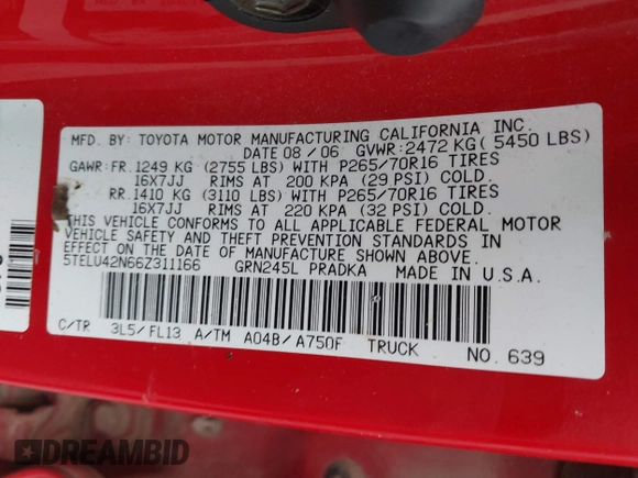 2006 Toyota Tacoma z VIN 5TELU42N66Z311166, wystawiony jako IAAI lot #41520995 z przebiegiem Nie podano mil oraz . Historia ofert i sprzedaży dostępna na DreamBid. Obrazek 9.