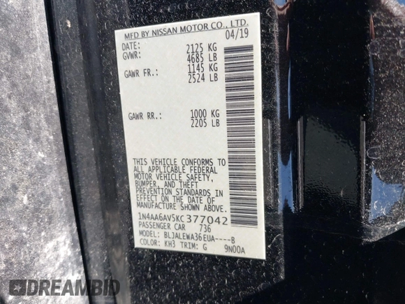 2019 Nissan Maxima SV with VIN 1N4AA6AV5KC377042, listed as a IAAI auction lot 41839754 with 53,962 mi miles and . Bid and sale history available at DreamBid. Image 9.