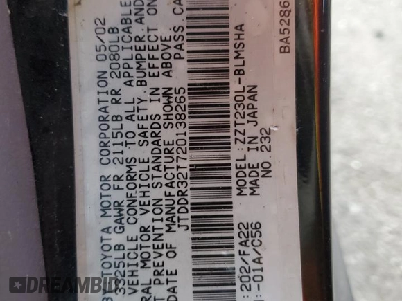 2002 Toyota Celica GT with VIN JTDDR32T720138265, listed as a Copart auction lot 87661215 with 188,822 mi miles and Salvage Title. Bid and sale history available at carsss.com. Image 14.