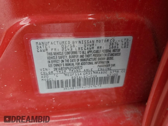 2018 Nissan Sentra S with VIN 3N1AB7AP4JY249673, listed as a Copart auction lot 55724445 with 54,161 mi miles and Salvage Title. Bid and sale history available at DreamBid. Image 12.
