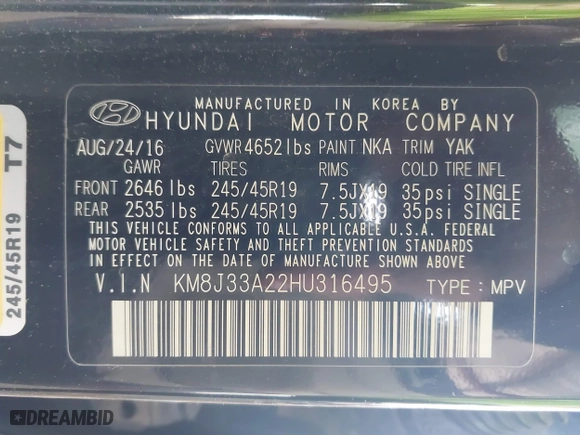 2017 Hyundai Tucson Value with VIN KM8J33A22HU316495, listed as a IAAI auction lot 41896507 with 82,517 mi miles. Bid and sale history available at carsss.com. Image 9.